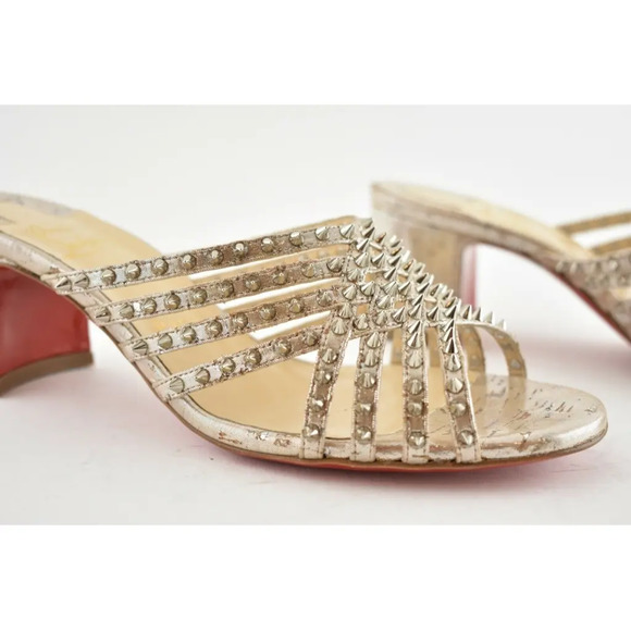 Christian Louboutin Marthaspike 55 Silver Open Sandal Mule Block Heel Pump 36.5 - Picture 5 of 12